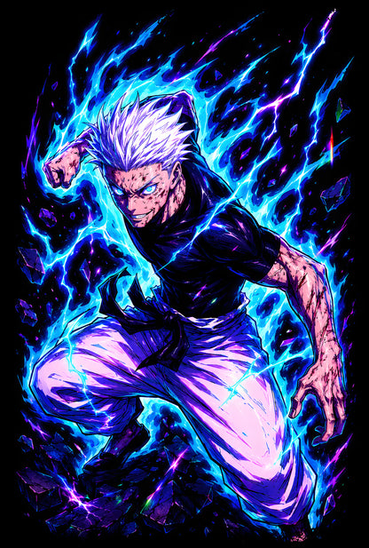 White-Haired Anime Fighter with Blue Lightning - Halftone DTF transfer - Prints best on darks