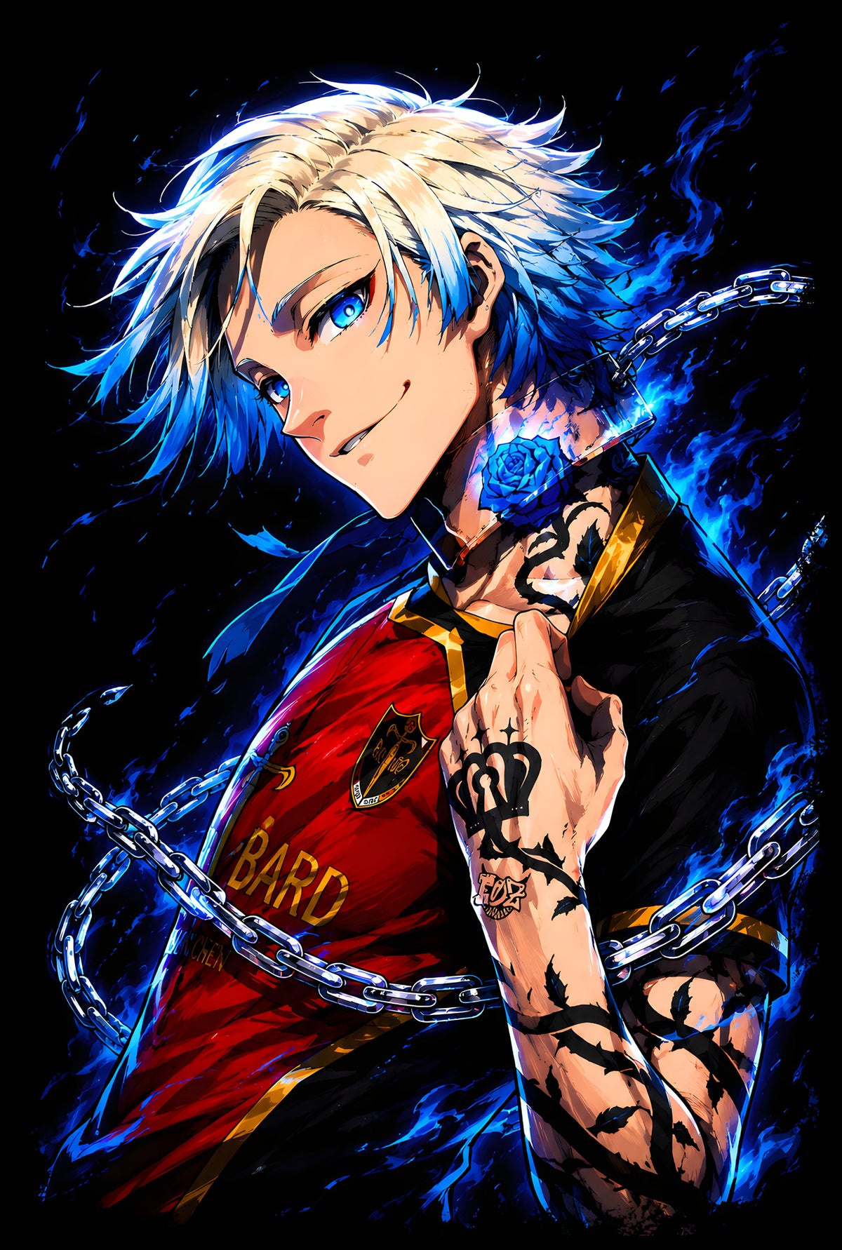 White-Haired Anime Hero with Blue Flames - Halftone DTF transfer - Prints best on darks