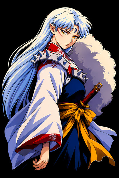 White-Haired Anime Swordsman - Halftone DTF transfer - Prints best on darks