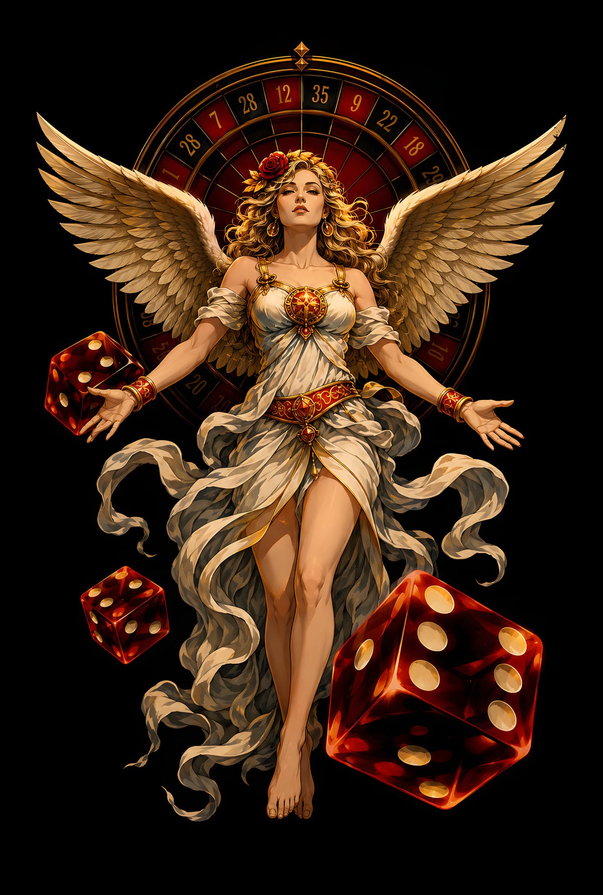 Winged Lady Luck and Dice - Halftone DTF transfer - Prints best on darks