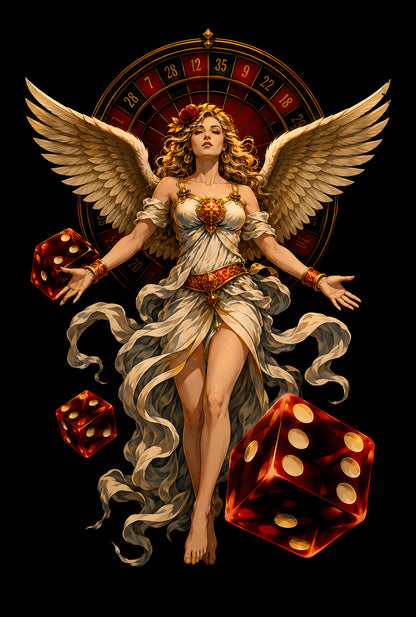 Winged Lady Luck and Dice - Halftone DTF transfer - Prints best on darks