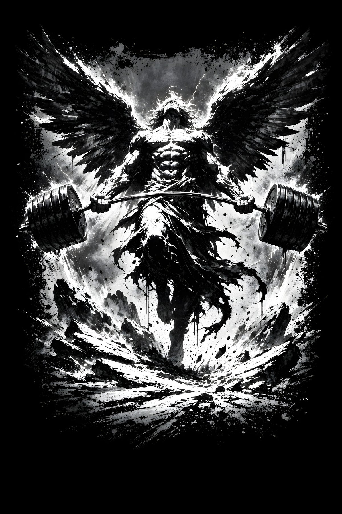 Winged Skull with Dumbbells - Halftone DTF transfer - Prints best on darks