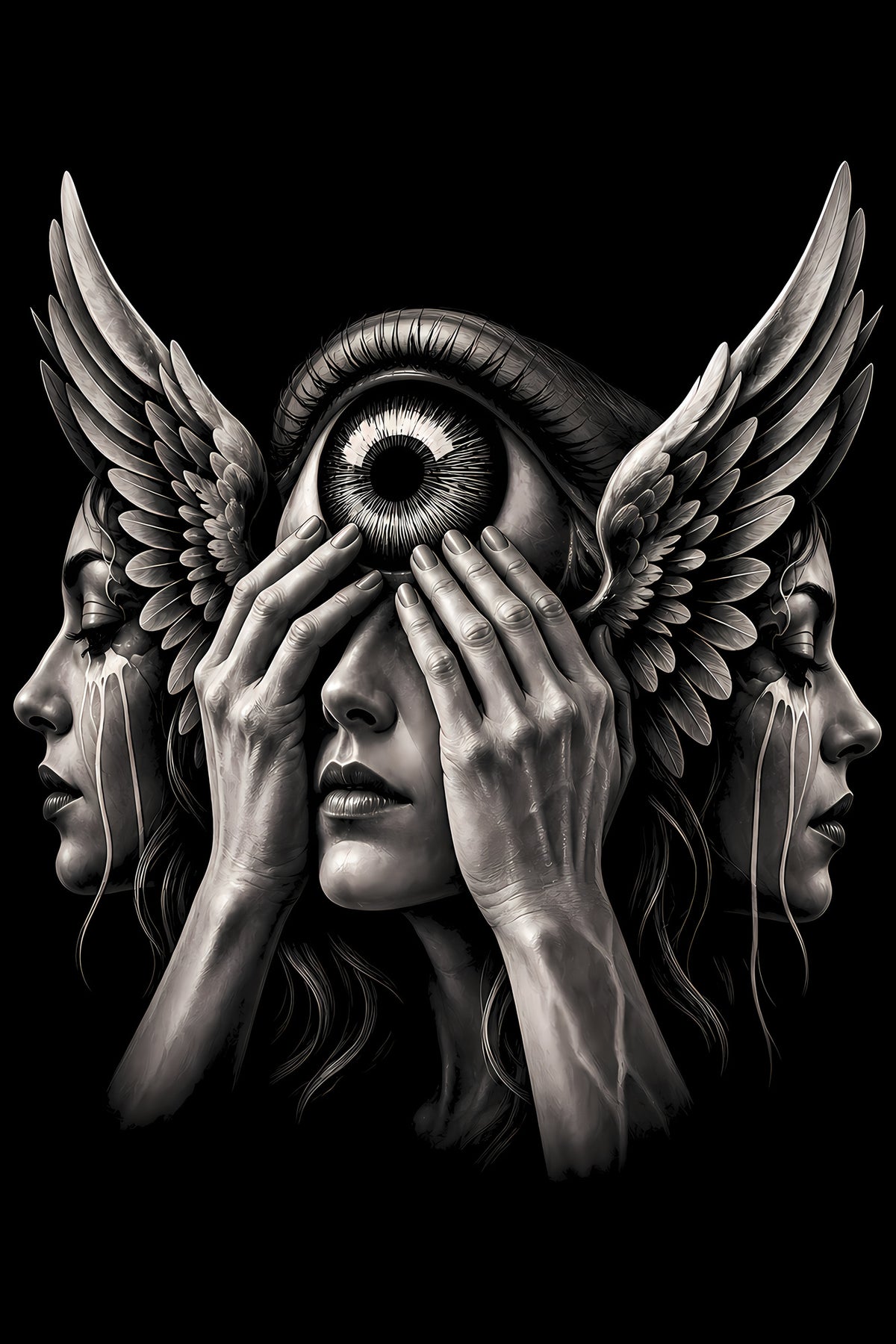 Winged Third-Eye Statue - Halftone DTF transfer - Prints best on darks