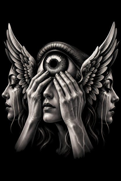 Winged Third-Eye Statue - Halftone DTF transfer - Prints best on darks