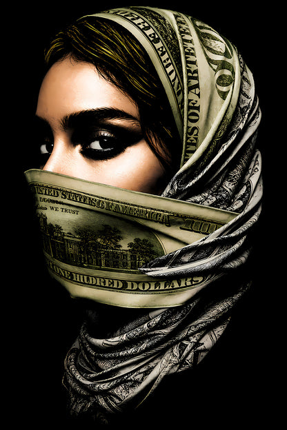 Woman in Dollar-Print Headscarf - Halftone DTF transfer - Prints best on darks