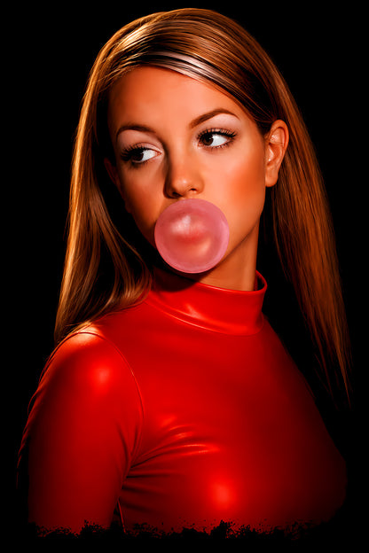 Woman in Red Blowing Bubblegum - Halftone DTF transfer - Prints best on darks