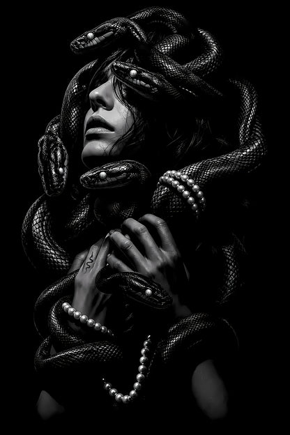 Woman with Serpents and Pearls - Halftone DTF transfer - Prints best on darks