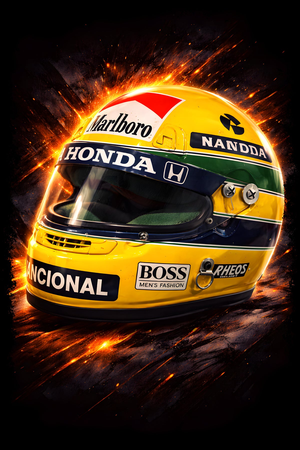 Yellow Brazilian Racing Helmet - Halftone DTF transfer - Prints best on darks