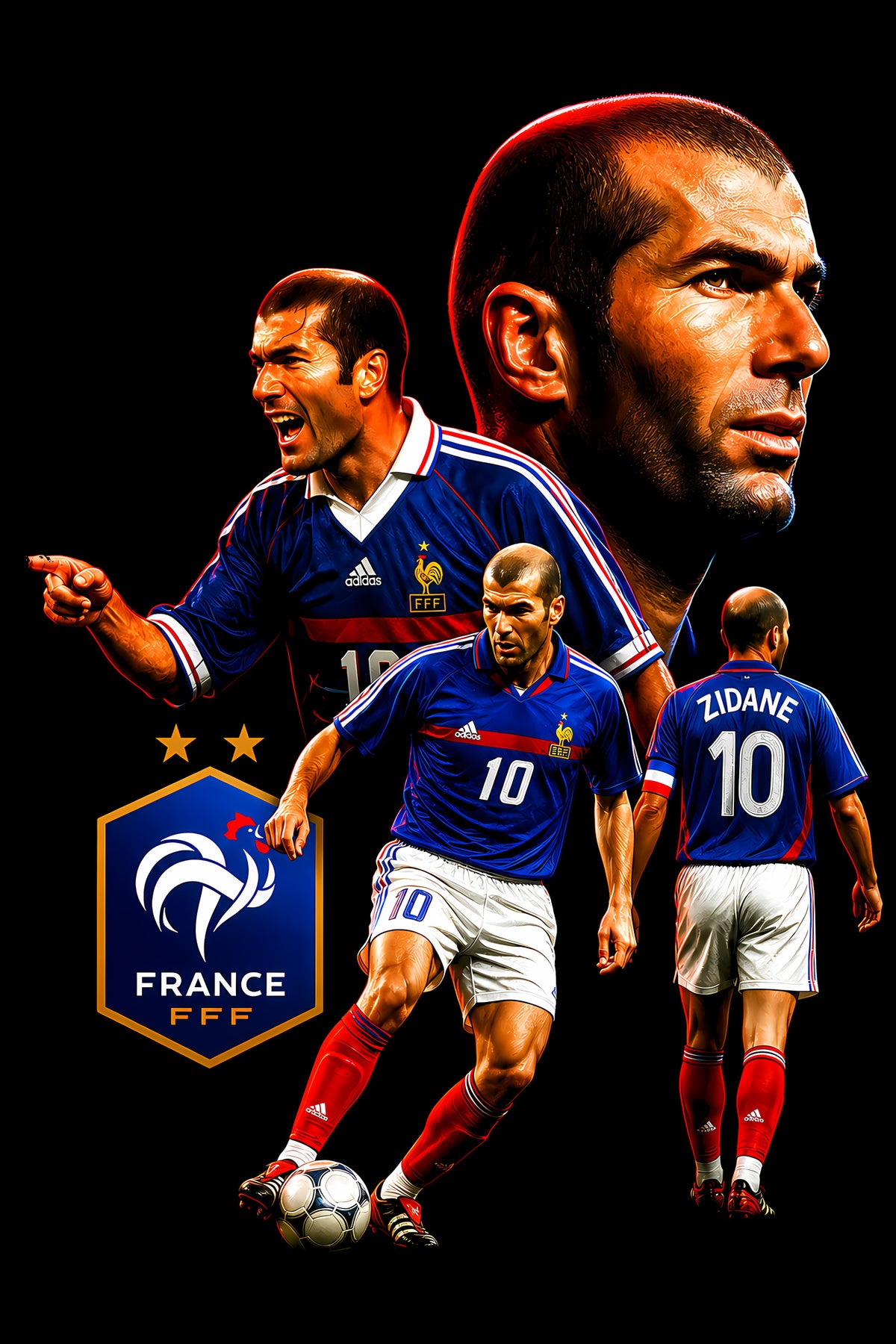 Zidane 10 France Football Collage - Halftone DTF transfer - Prints best on darks