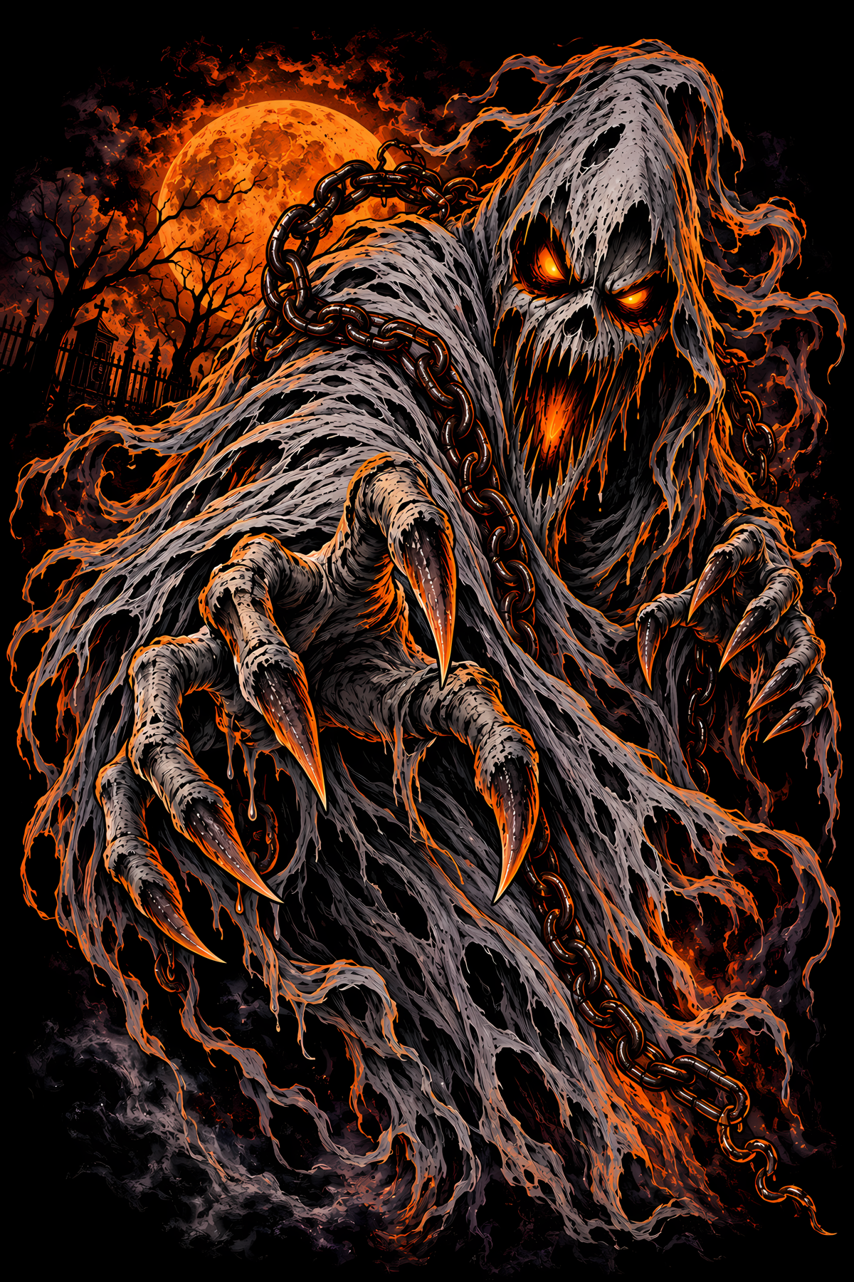 Halloween 001 - Chained Ghost - Halftone DTF Transfer - Prints best on darks