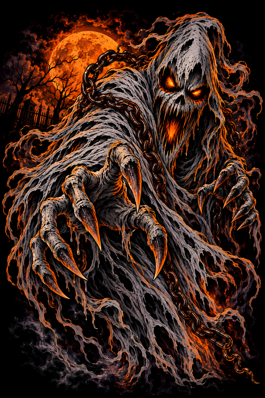 Halloween 001 - Chained Ghost - Halftone DTF Transfer - Prints best on darks
