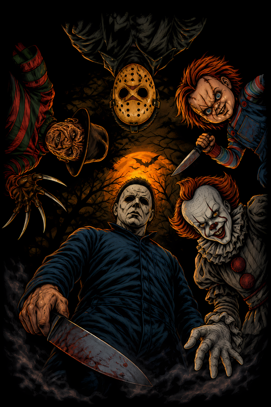 Halloween 002 - Horror Icons Collage - Halftone DTF Transfer - Prints best on darks