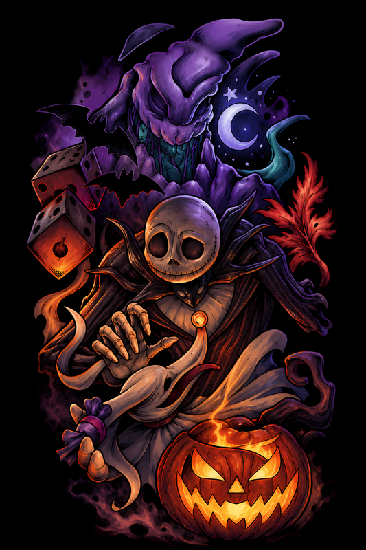 Halloween 005 - Haunted Skeleton and Pumpkin - Halftone DTF Transfer - Prints best on darks