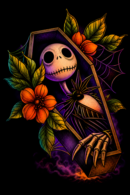 Halloween 007 - Jack Skellington Floral Coffin - Halftone DTF Transfer - Prints best on darks
