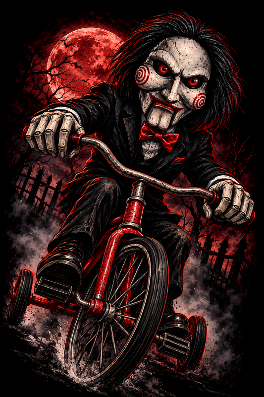 Halloween 008 - Billy the Puppet on Tricycle - Halftone DTF Transfer - Prints best on darks