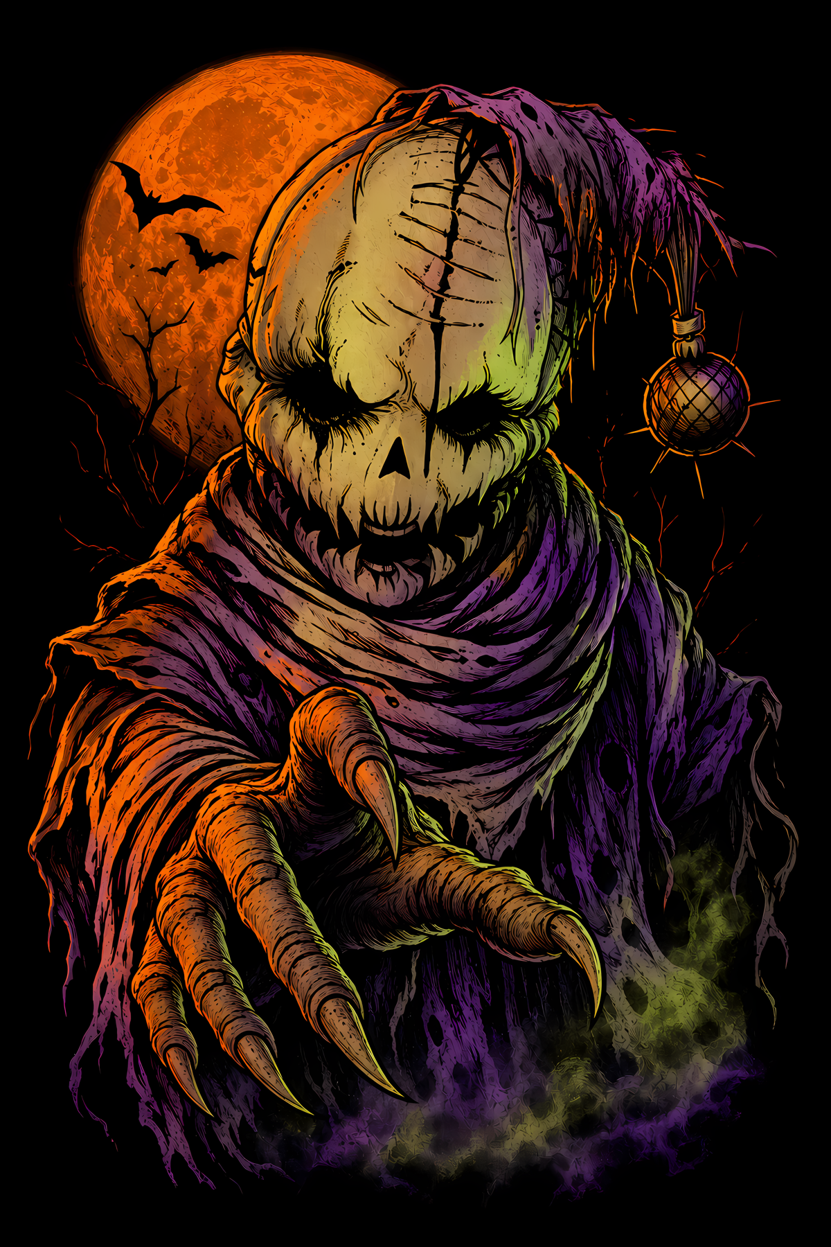Halloween 009 - Stitched Scarecrow - Halftone DTF Transfer - Prints best on darks