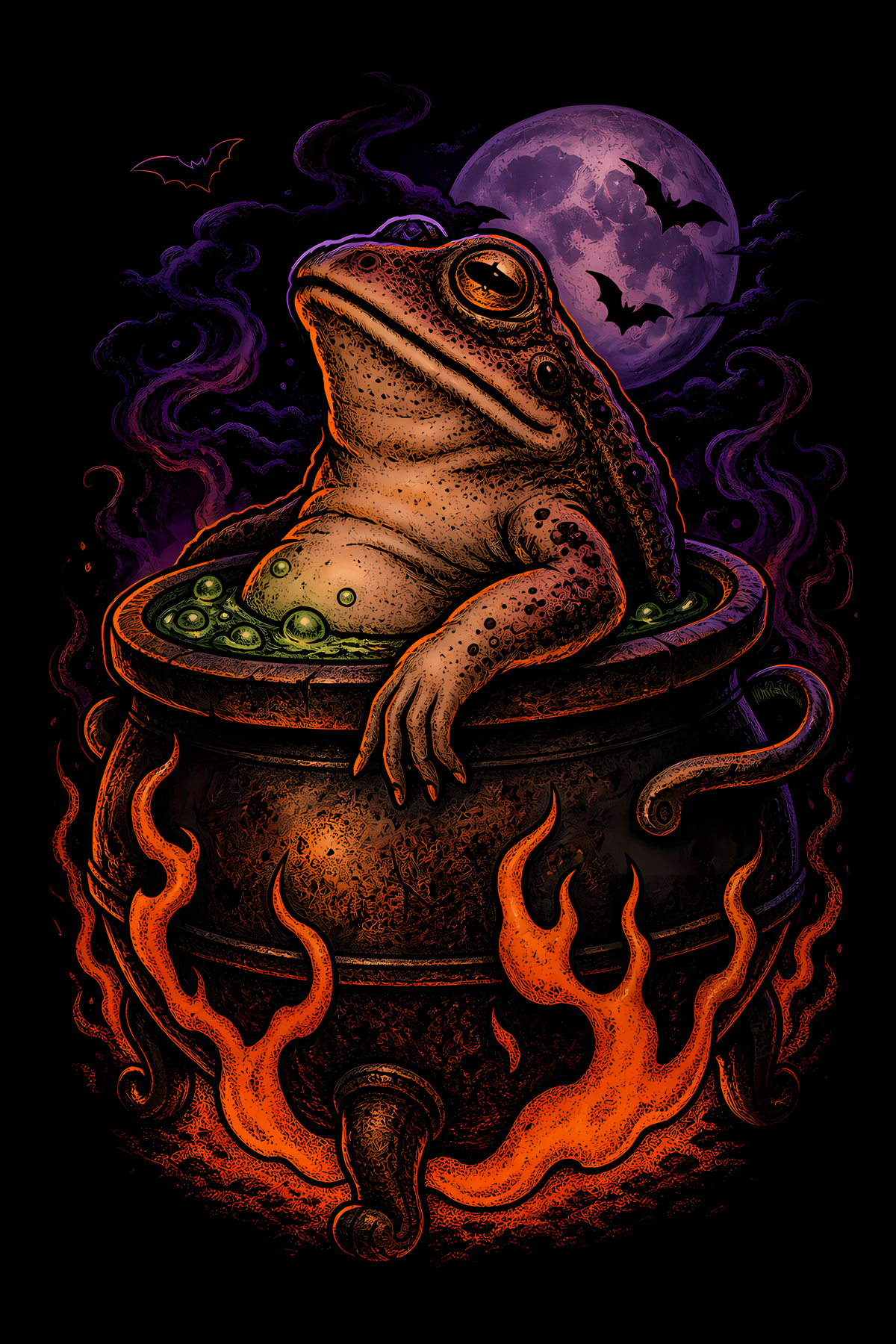 Halloween 010 - Toad in Flaming Cauldron - Halftone DTF Transfer - Prints best on darks
