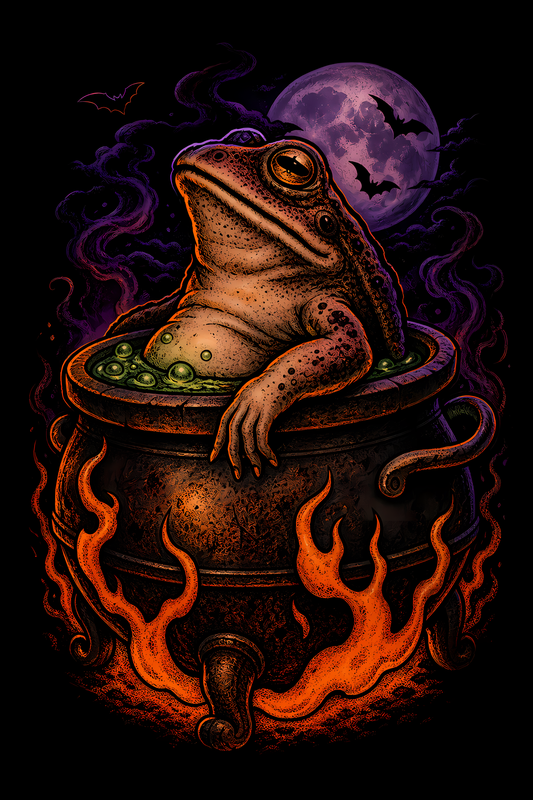 Halloween 010 - Toad in Flaming Cauldron - Halftone DTF Transfer - Prints best on darks