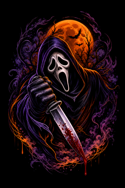 Halloween 011 - Ghostface under Orange Moon - Halftone DTF Transfer - Prints best on darks