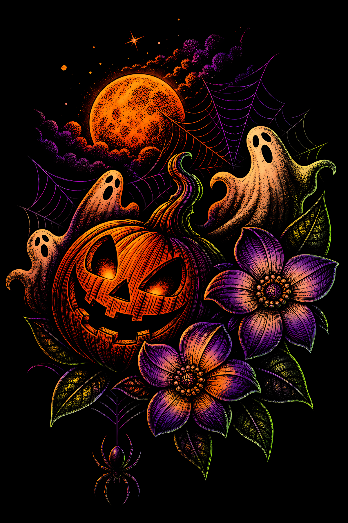 Halloween 012 - Pumpkin Ghosts and Purple Flowers - Halftone DTF Transfer - Prints best on darks