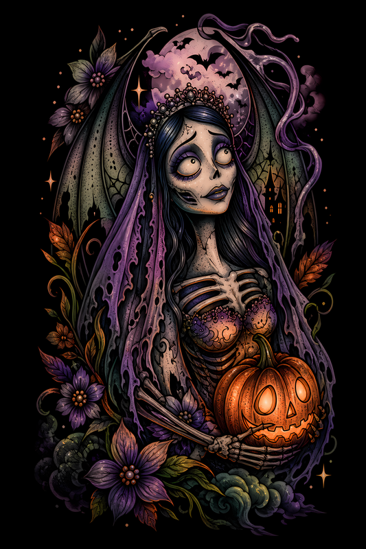 Halloween 015 - Corpse Bride with Pumpkin - Halftone DTF Transfer - Prints best on darks