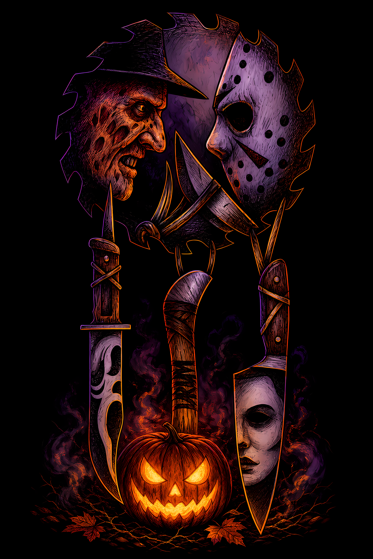 Halloween 017 - Horror Blades and Pumpkin - Halftone DTF Transfer - Prints best on darks