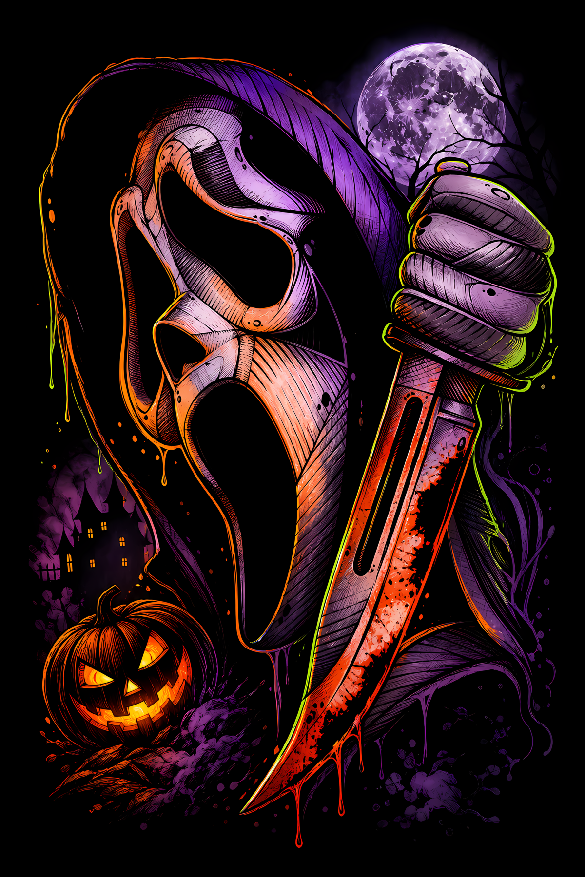 Halloween 018 - Ghostface with Curved Blade - Halftone DTF Transfer - Prints best on darks