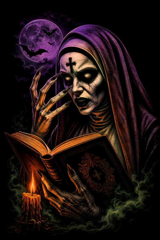 Halloween 019 - Demon Nun with Spellbook - Halftone DTF Transfer - Prints best on darks