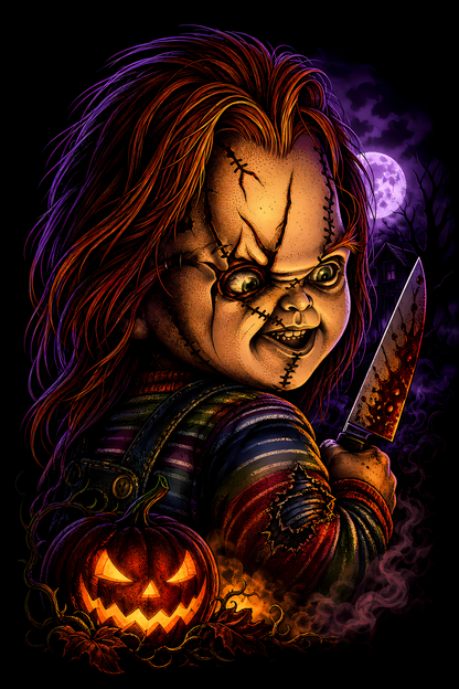 Halloween 020 - Chucky with Knife - Halftone DTF Transfer - Prints best on darks