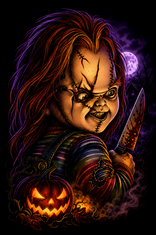 Halloween 020 - Chucky with Knife - Halftone DTF Transfer - Prints best on darks