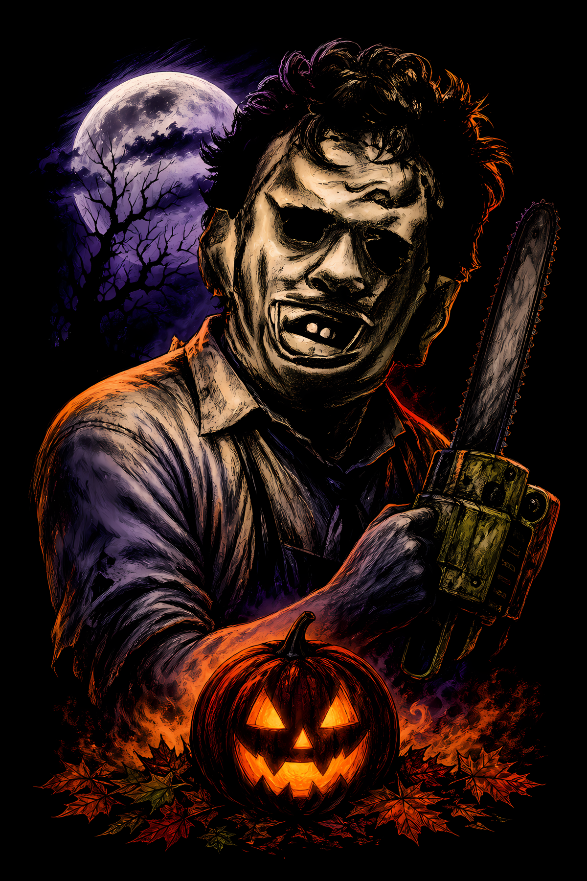 Halloween 021 - Leatherface with Chainsaw - Halftone DTF Transfer - Prints best on darks