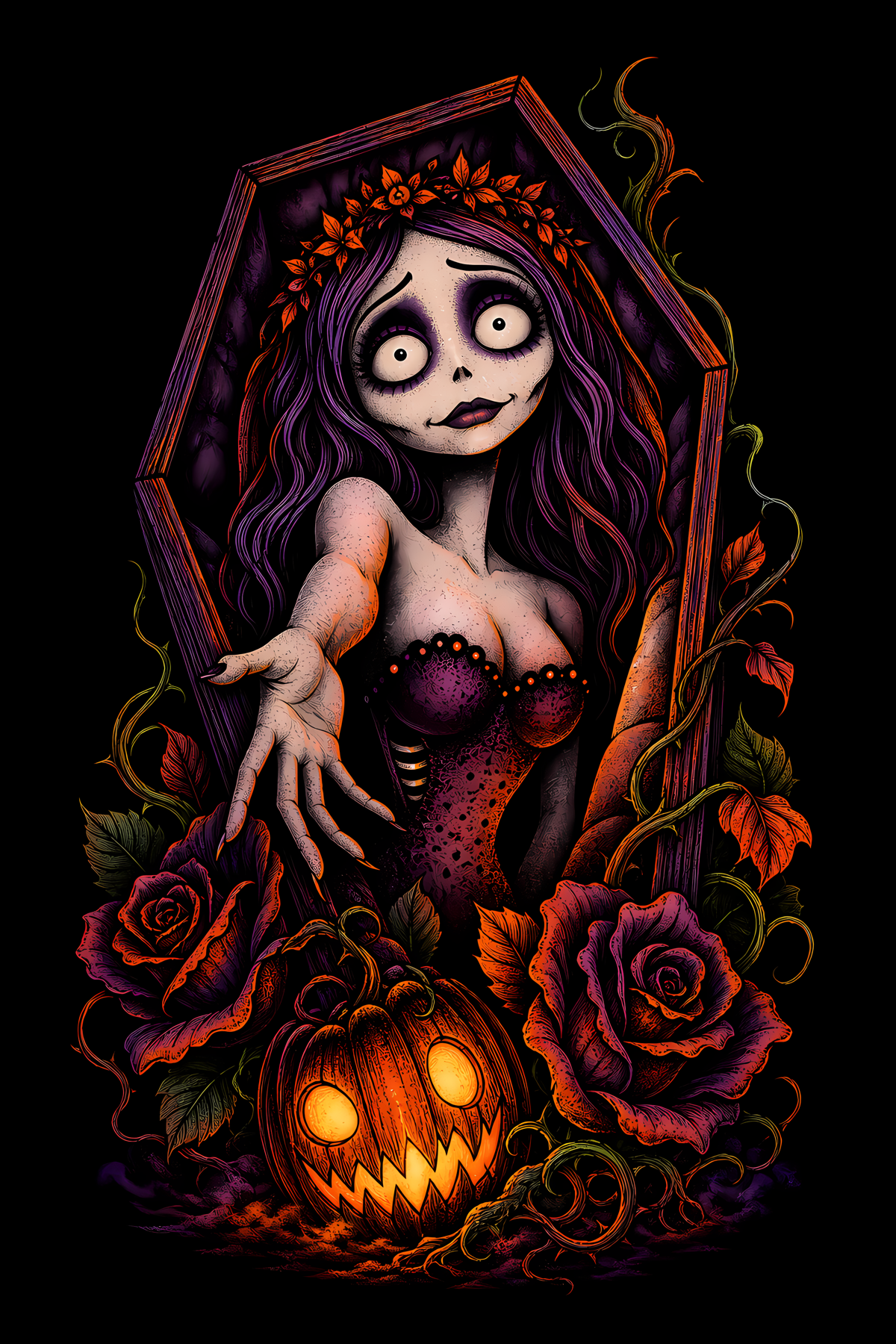 Halloween 022 - Gothic Doll in Coffin - Halftone DTF Transfer - Prints best on darks