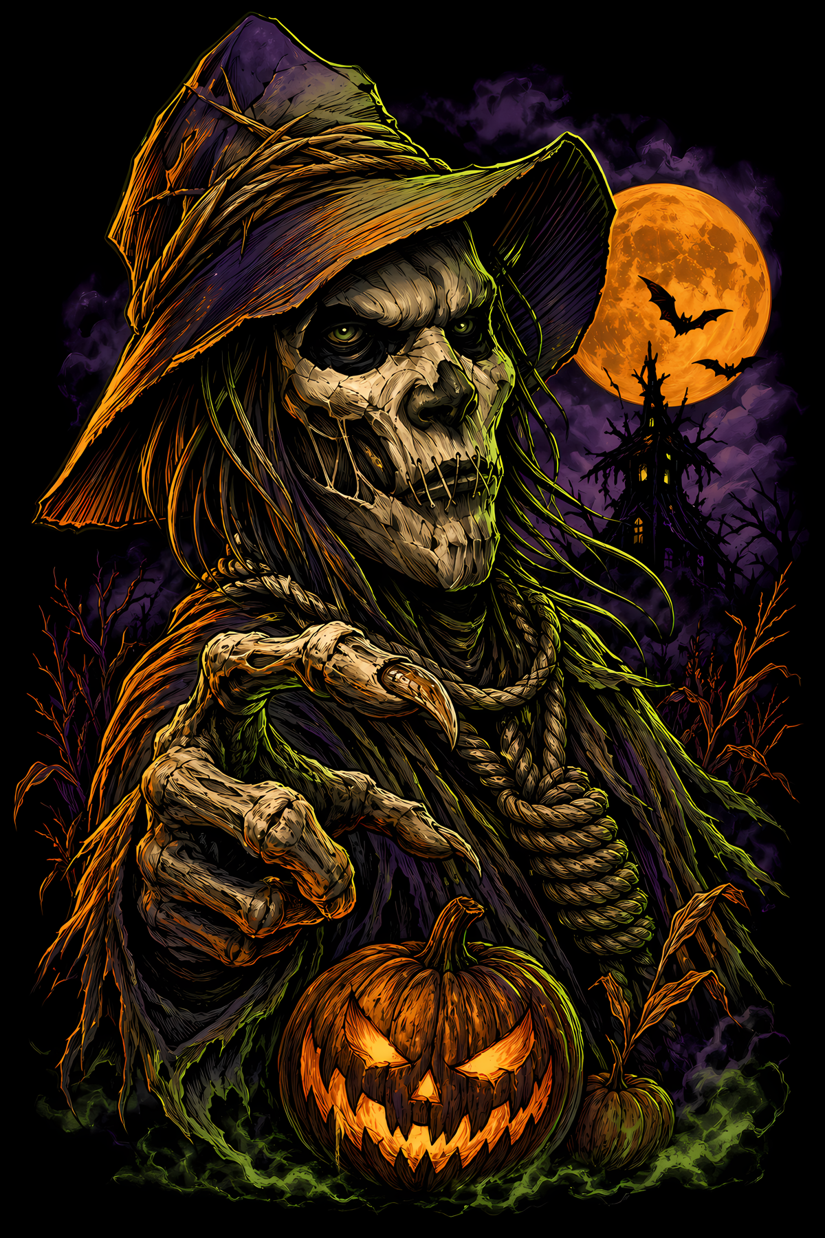 Halloween 023 - Skeleton Scarecrow - Halftone DTF Transfer - Prints best on darks