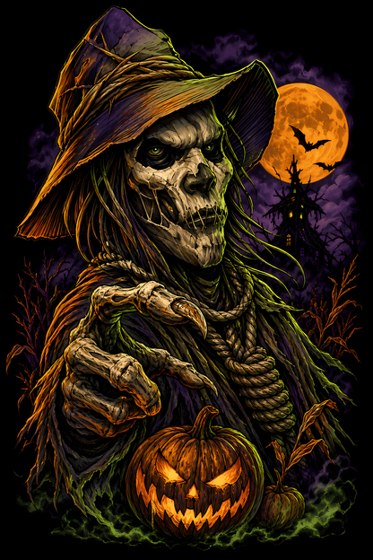 Halloween 023 - Skeleton Scarecrow - Halftone DTF Transfer - Prints best on darks