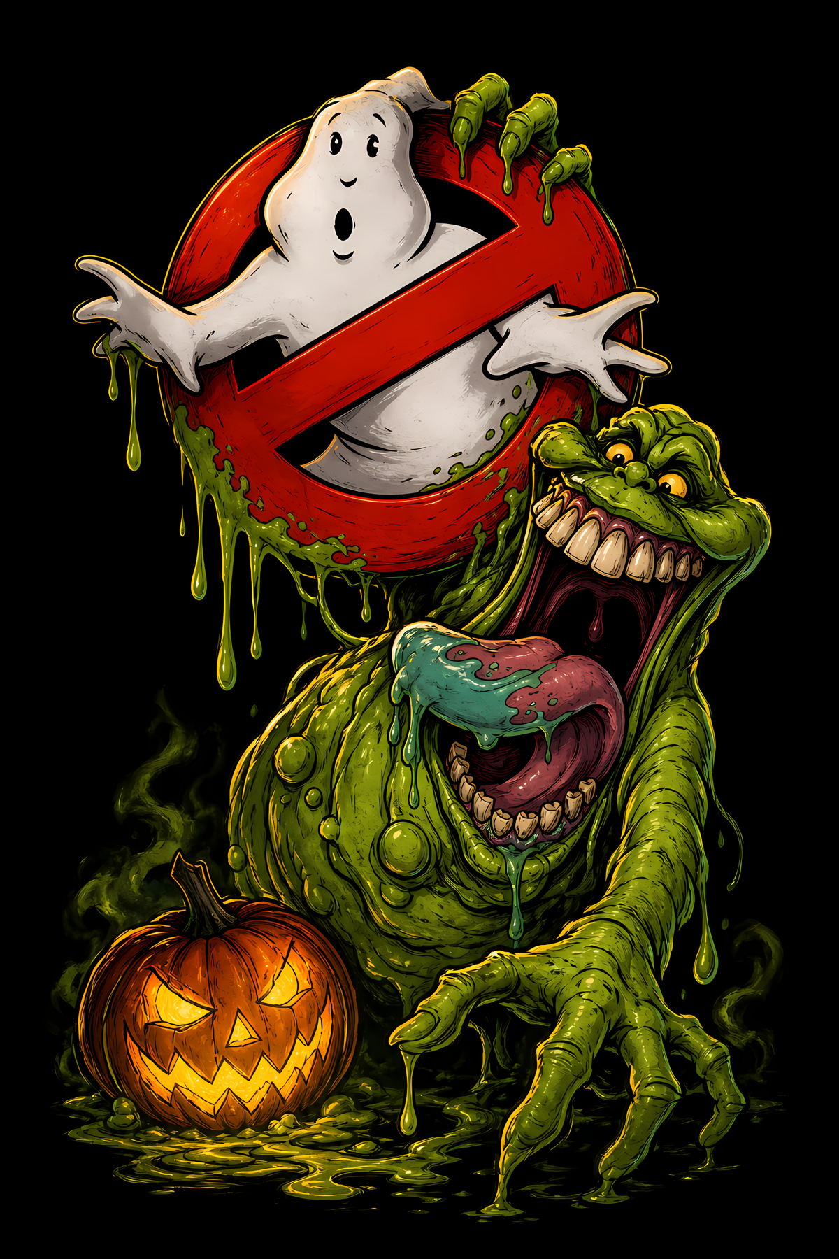 Halloween 024 - Slimer and Ghostbusters - Halftone DTF Transfer - Prints best on darks
