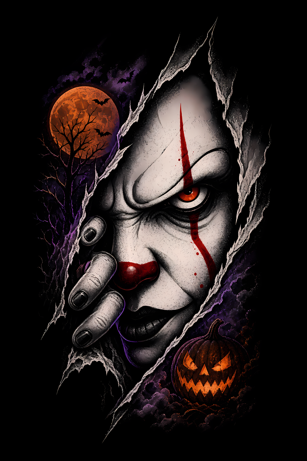 Halloween 025 - Pennywise Peeking through Shadows - Halftone DTF Transfer - Prints best on darks