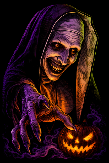 Halloween 026 - Haunted Nun with Pumpkin - Halftone DTF Transfer - Prints best on darks