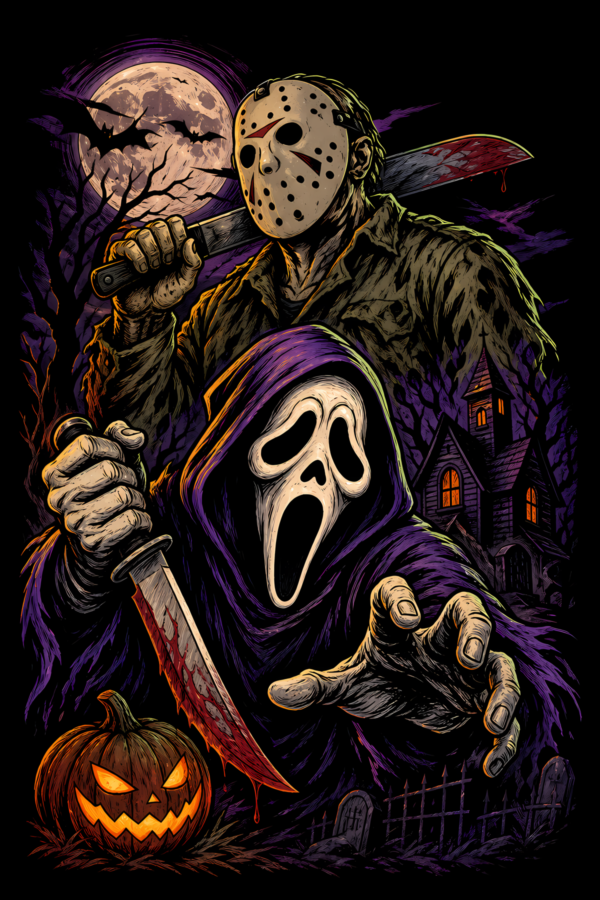 Halloween 027 - Jason and Ghostface - Halftone DTF Transfer - Prints best on darks