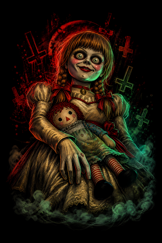 Halloween 032 - Annabelle Haunted Doll - Halftone DTF Transfer - Prints best on darks
