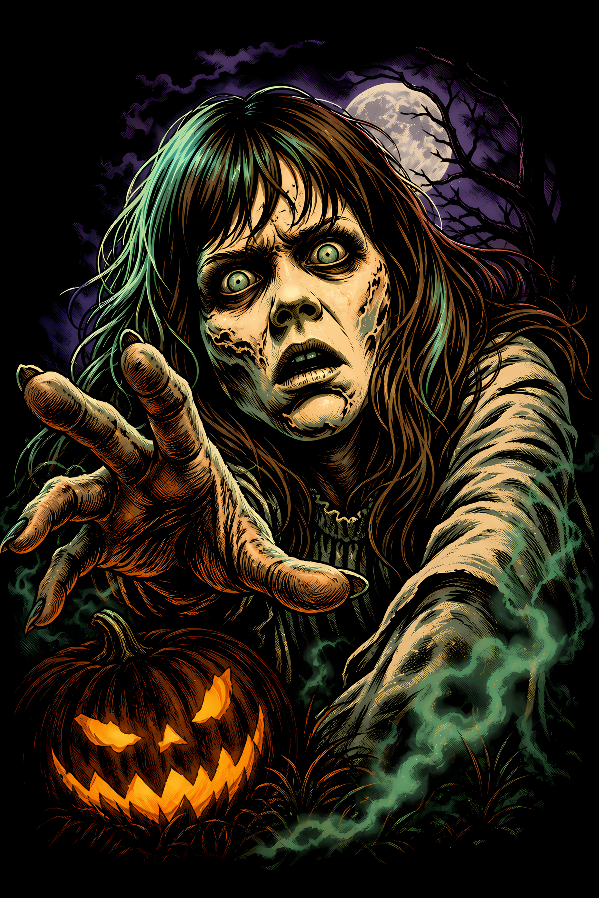 Halloween 033 - Possessed Girl - Halftone DTF Transfer - Prints best on darks