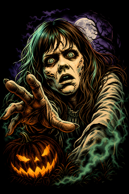 Halloween 033 - Possessed Girl - Halftone DTF Transfer - Prints best on darks