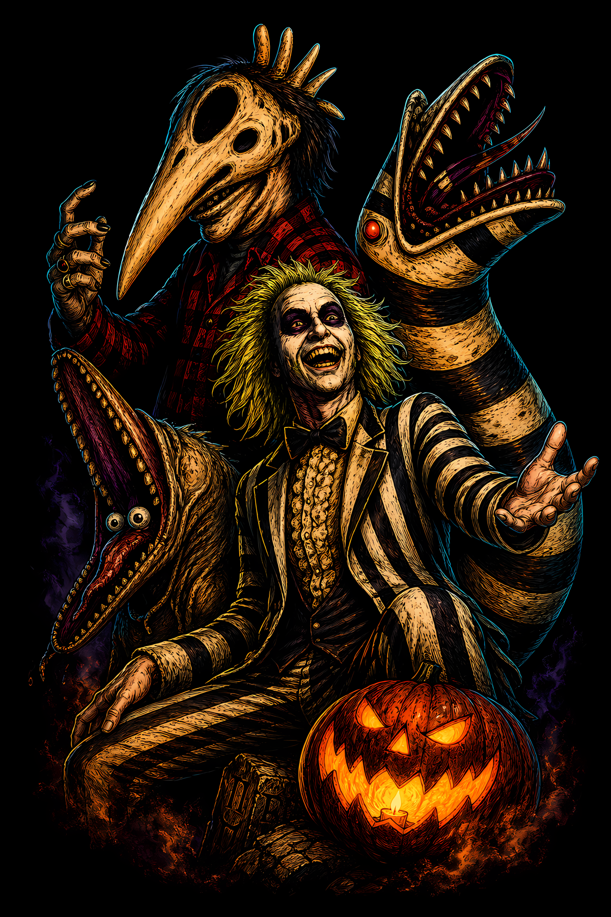Halloween 035 - Beetlejuice and Sandworms - Halftone DTF Transfer - Prints best on darks