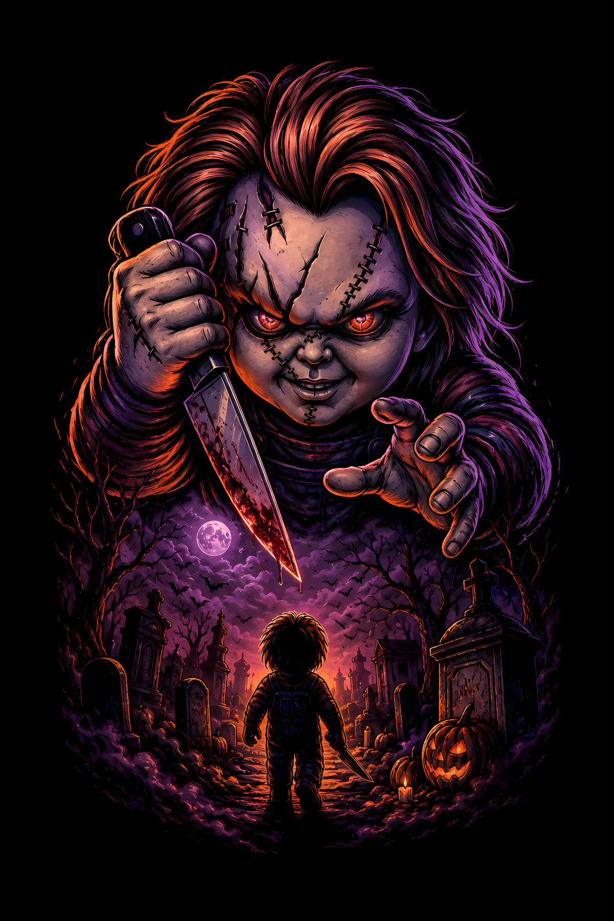 Halloween 036 - Chucky under Eclipse - Halftone DTF Transfer - Prints best on darks
