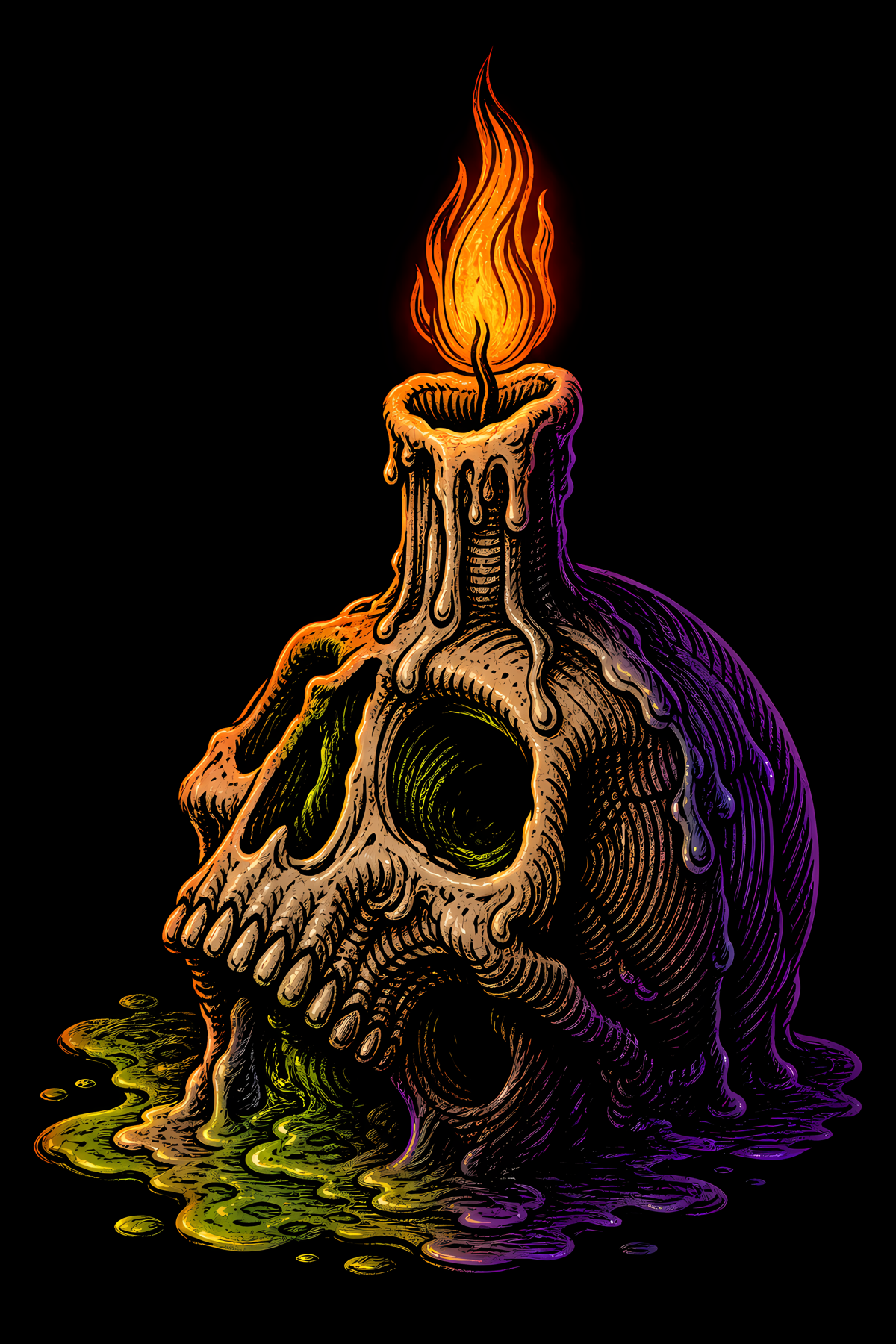 Halloween 038 - Melting Skull Candle - Halftone DTF Transfer - Prints best on darks