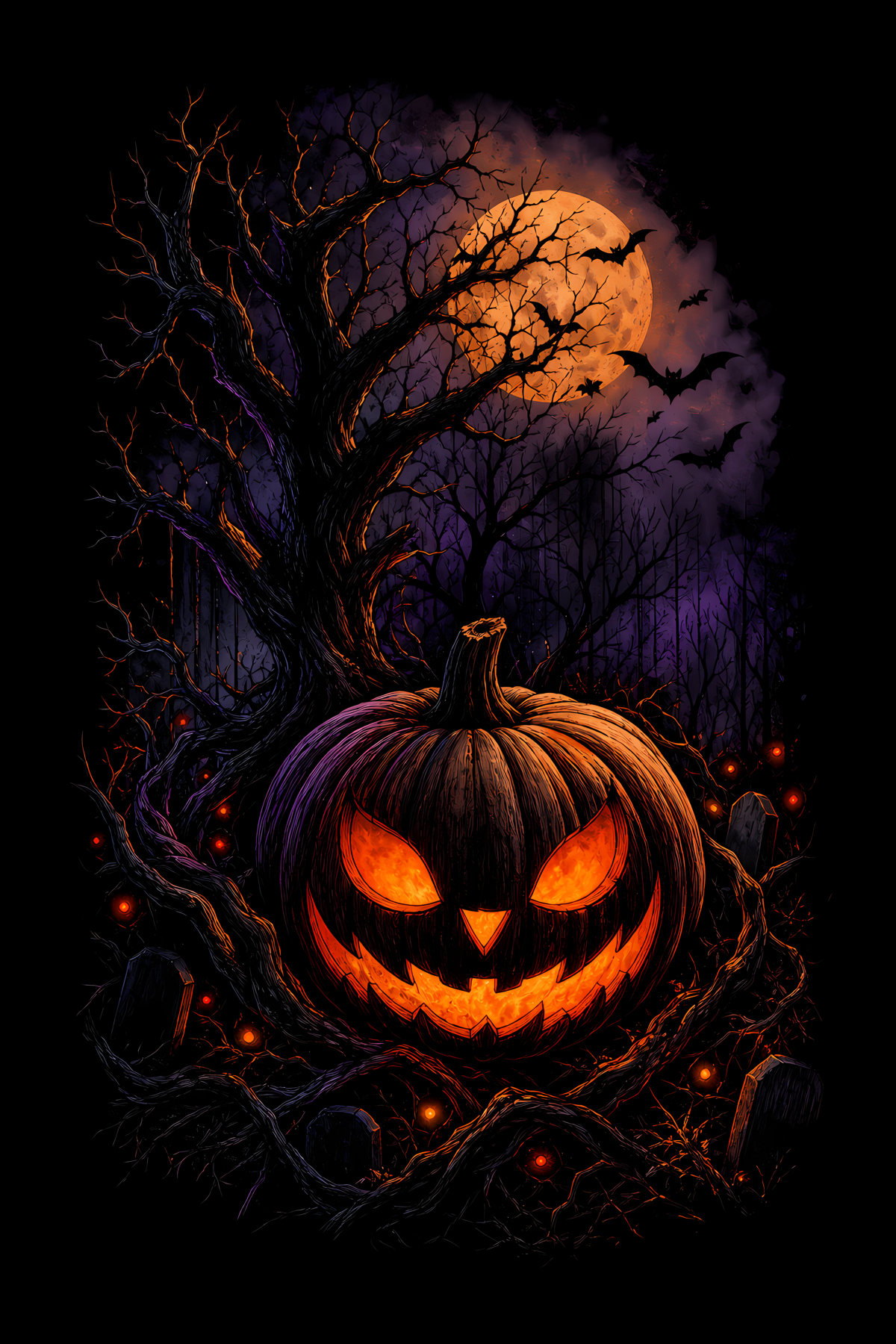 Halloween 042 - Jack-o-Lantern in Haunted Woods - Halftone DTF Transfer - Prints best on darks