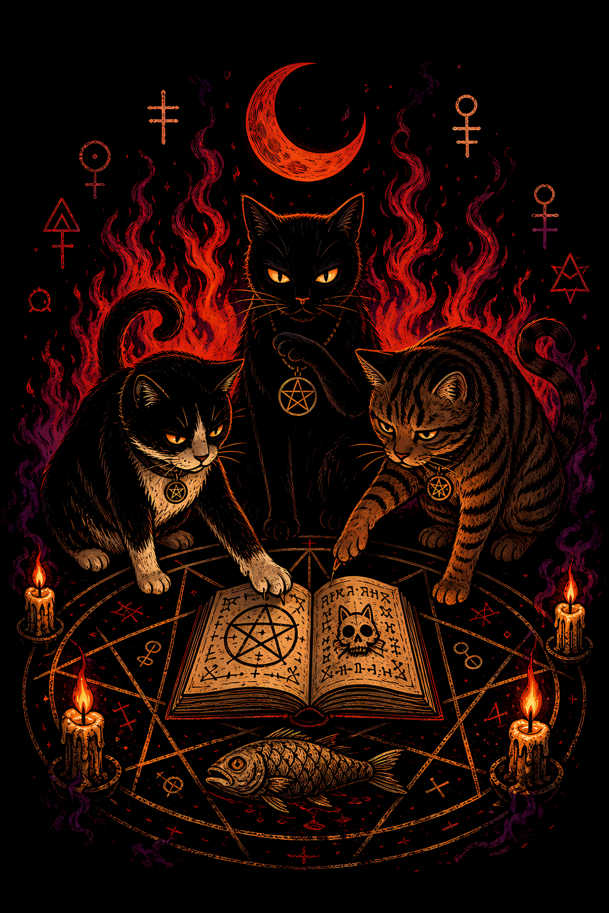 Halloween 045 - Witchcraft Cats and Spellbook - Halftone DTF Transfer - Prints best on darks
