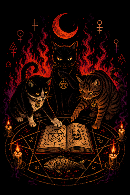 Halloween 045 - Witchcraft Cats and Spellbook - Halftone DTF Transfer - Prints best on darks