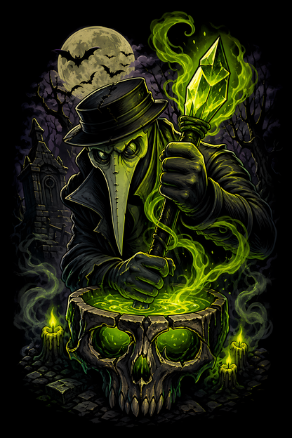 Halloween 047 - Plague Doctor and Skull Cauldron - Halftone DTF Transfer - Prints best on darks