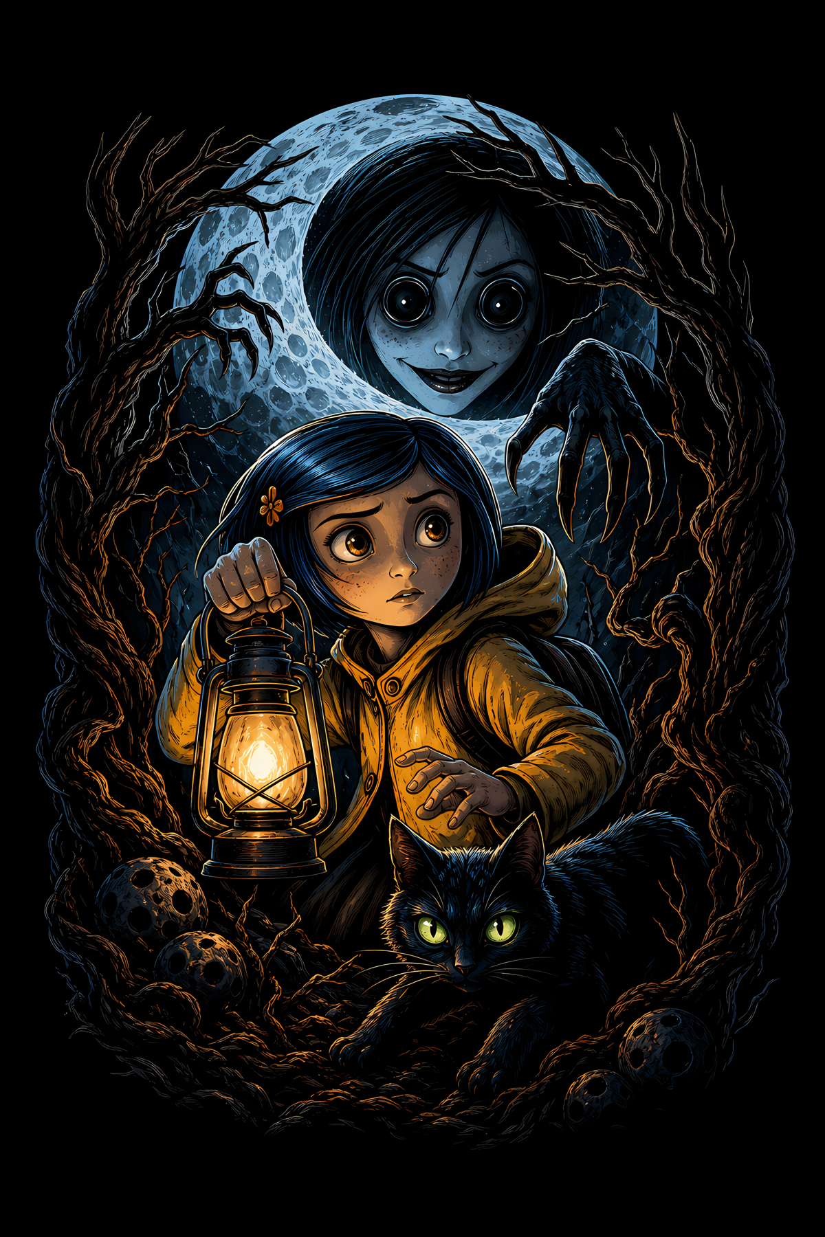 Halloween 049 - Coraline with Lantern - Halftone DTF Transfer - Prints best on darks