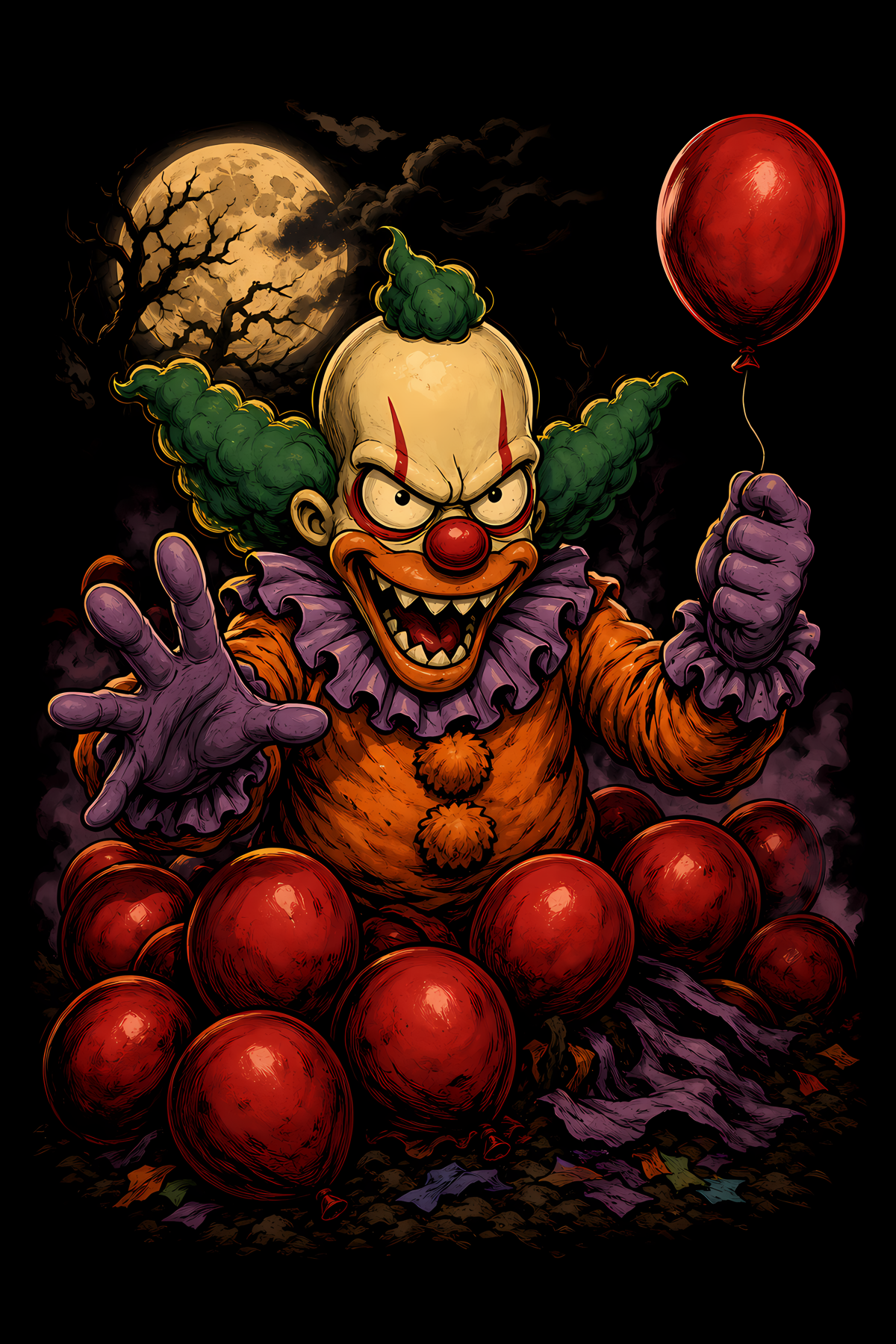 Halloween 050 - Killer Clown with Red Balloons - Halftone DTF Transfer - Prints best on darks